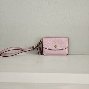 NWOT Coach Metallic Pink Leather Card Case With Wristlet Strap